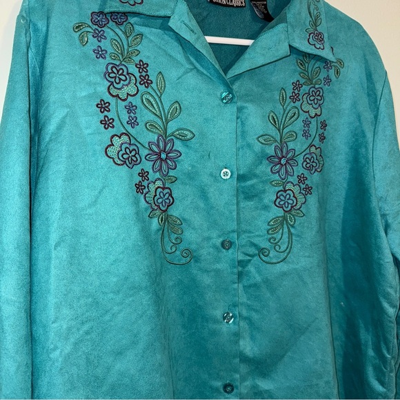 VTG Fashion Classics Sueded Long Sleeve Embroidered Bead Shirt/Jacket,Teal, Sz L - Picture 2 of 11